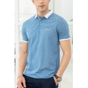 Mens Fashion Polo Shirt Striped Letters Patterned Contrasted Trim Short Sleeve Spread Collar Regular Fit Polo Shirt