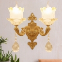 Brass 1/2-Bulb Sconce Light Fixture Traditional Frosted Glass Floral Wall Mounted Lamp