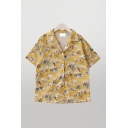 Casual Girls Animals Trees Print Button Down Short Sleeve Lapel Collar Loose Shirt