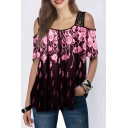 Fancy Ladies Allover Floral Printed Patched Lace Tie Front Crew Neck Cold Shoulder Short Sleeve Loose Fit Tee