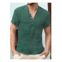 Mens New Trendy Solid Color Button V-Neck Short Sleeve Casual Linen Henley Shirt