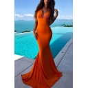 Popular Womens Halter Sleeveless Open Back Maxi Fishtail Dress in Orange