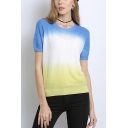 Blue Popular Ombre Round Neck Short Sleeve Regular Fit Pullover Knitwear Top for Women