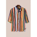 Classic Shirt Striped Pattern Button 3/4 Sleeve Stand Collar Regular Fit Shirt for Men