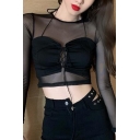 Summer New Trendy Plain Round Neck Short Sleeve Lace-Up Front Cropped Two-Piece Mesh Top