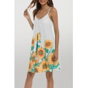 Summer Sunflower Print Spaghetti Straps V-neck Button Detail Ruched Short Swing Slip Dress for Ladies