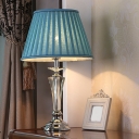1-Head Night Table Light Classic Bedroom Nightstand Lamp with Conic/Scalloped Fabric Shade in White/Blue