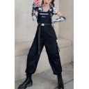 Women's Cool Plain Buckle Patched Elastic Cuffs Overall Pants Jumpsuit