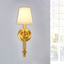 1-Light Fabric Wall Mounted Lamp Countryside Brass Cone Drawing Room Wall Lighting with Candle Design