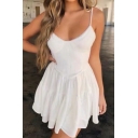 Cute Girls Solid Color Bow Tied Shoulder Ruffled Trim Short Pleated A-line Slip Dress in White