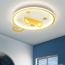 Cartoon Cat Ceiling Mounted Fixture Metal LED Bedroom Flush Mount Lamp in Yellow, Warm/White Light