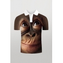 Mens Fashion 3D Polo Shirt Animal Orangutan Pattern Contrast Trim Button Regular Fitted Spread Collar Short-sleeved Polo Shirt