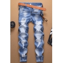Men's Simple Fashion Solid Color Regular Fit Blue Washed Distressed Ripped Jeans