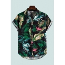 Mens Holiday Shirt Insect Floral Leaf Print Curved Hem Spread Collar Short Sleeve Fitted Shirt in Black