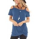 Novelty Solid Color Twist Front Straps Cold Shoulder Short Sleeve Regular Fit Tunic T-Shirt for Womens