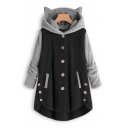 Womens Casual Fuzzy Contrasted Long Sleeve Ears Hooded Button Up Curved Hem Relaxed Fit Jacket