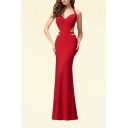 Boutique Solid Color Halter Cut-out Sides Open Back Maxi Fishtail Tank Gown