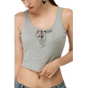 Leisure Womens Gray Sleeveless Scoop Neck Lace-up Slim Fit Crop Tank
