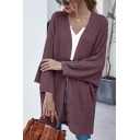 Simple Womens Solid Color Long Sleeve Open Front Waffle Knit Loose Cardigan