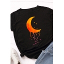Chic Girls Moon Print Short Sleeve Crew Neck Slim Fitted Tee Top