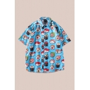 Fashion Mens Shirt Cartoon Sushi Face Pattern Button up Short Sleeve Loose Fit Spread Collar Shirt