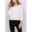 Simple Womens Contrast Piping Crew Neck Batwing 3/4 sleeve Loose Fit  Pullover Knitwear Top