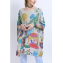 Trendy Womens Cartoon Animal Plant Printed Boat Neck Batwing Long Sleeve Relaxed Fit Tunic Pullover Knitwear Top