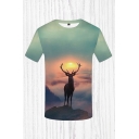 Mens 3D T-Shirt Creative Elk Sun Mist Tree Pattern Crew Neck Short Sleeve Slim Fitted T-Shirt