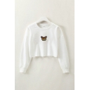 Pretty Butterfly Embroidered Long Sleeve Crew Neck Relaxed Crop Pullover Sweatshirt in White