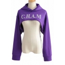 Ladies Stylish CUTE Letter Printed Long Sleeve Cut Out Front Purple Loose Cropped Hoodie
