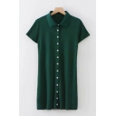 Summer Womens Popular Vintage Green Lapel Collar Short Sleeve Button Down Mini Sheath Polo Dress