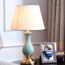 Barrel Fabric Night Table Lamp Colonial LED Living Room Reading Light in Green with Brass Base
