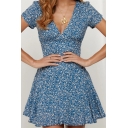 Sexy Girls Ditsy Flower Printed Short Sleeve V-neck Short A-line Dress in Blue