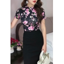 Womens Black Simple Floral Pattern Short Sleeves Crew Neck Cropped Fitted T-Shirt