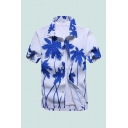 Classic Mens Shirt Coconut Tree Pattern Turn-down Collar Button-down Regular Fit Short Sleeve Shirt