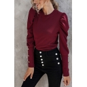 Burgundy Pretty Plain Button Embellished Round Neck Puff Long Sleeve Slim Fitted T-Shirt for Women