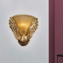Yellow Glass Gold Wall Light Sconce Bell 1-Bulb Rustic Wall Mount Lamp with Peacock Decoration