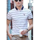 Mens Casual Polo Shirt Striped Horse Letters Embroidered Contrasted Trim Short Sleeve Spread Collar Regular Fit Polo Shirt
