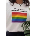 Cool Womens Letter Kiss Whoever The Fuck You Want Colorful Stripe Graphic Short Sleeve Crew Neck Loose Fit T Shirt