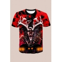 Mens Creative Tee Top Skeleton Skull Fire 3D Print Fitted Round Neck Short Sleeve Tee Top