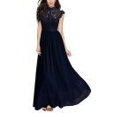 Gorgeous Ladies Solid Color Patched Lace Cut Out Back Pleated Crew Neck Short Sleeve Long Swing Gown