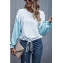 Trendy Womens Color Block Drawstring Hem Crew Neck Bishop Long Sleeve Relaxed Fit Tee Top in White