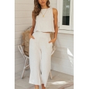 Popular Womens Sleeveless Crew Neck Button Detail Relaxed Fit Crop Tank Top & Ankle Length Wide Leg Pants Set in Apricot