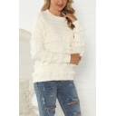 Stylish Womens Tassel Long Sleeve Crew Neck Knitted Relaxed Plain Pullover Sweater