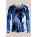 Mens 3D T-Shirt Unique Geometric Wolf Pattern Slim Fitted Round Neck Long Sleeve T-Shirt