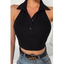 Casual Womens Solid Color Button Front Turn-down Collar Sleeveless Knitted Slim Fitted Crop Tank Top