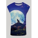 Mens Cozy 3D Tank Top Animal Wolf Moon Rock Pattern Round Neck Sleeveless Regular Fitted Tank Top