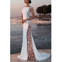 Elegant Womens White Applique Sheer Mesh Panel Sleeveless Round Neck Maxi Fishtail Gown