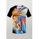 Stylish Mens 3D T-Shirt Color Block Twisted Multicolor Line Pattern Regular Fit Short-sleeved Crew Neck Top Tee