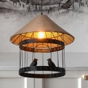 Cone Natural Rope Suspension Lamp Traditional 1-Head Kitchen Pendulum Light with Bird Cage Design in Black